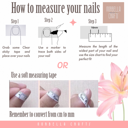 Instructions on how to measure nails with Norabella Crafts branding.