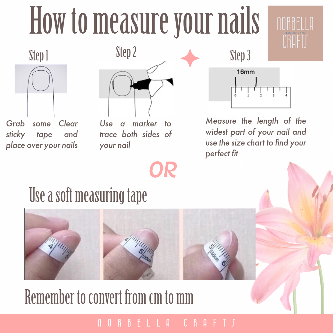 A collection of images showing how to properly measure yourself for custom presson nails