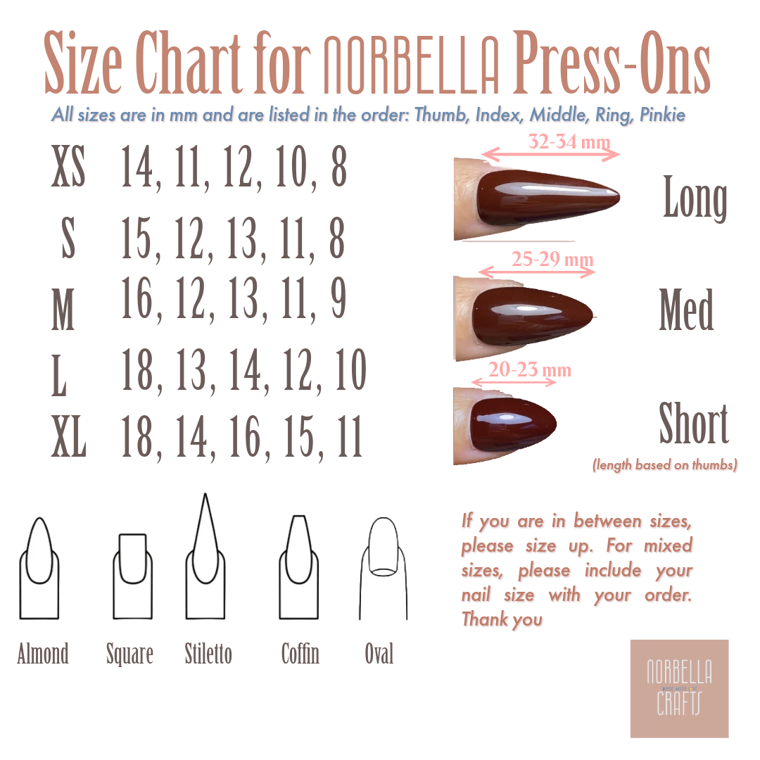 A picture that shows the fdifferent nail sizes in mm and also the different shapes and lengths that are offerd