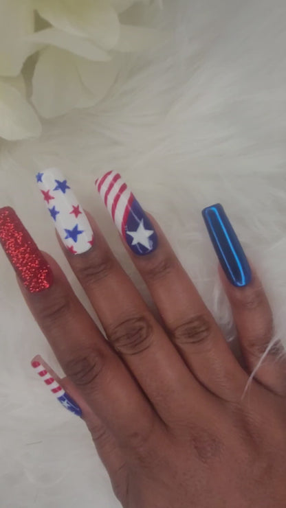 Video of woman's hands showcasing American design for press on nails