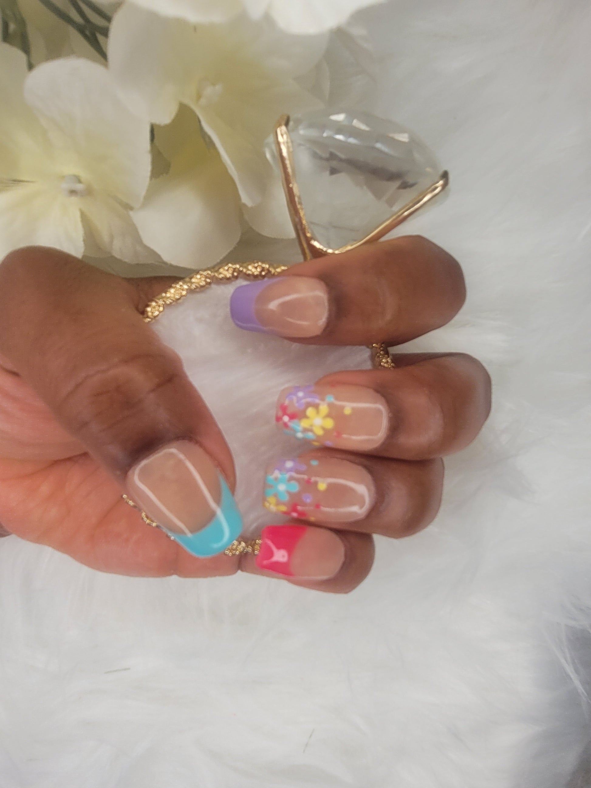 Close-up of a foot with colorful nail art on a white background